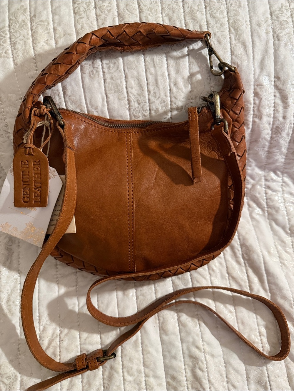 Genuine Leather Braided Strap Saddle Bag - Tan